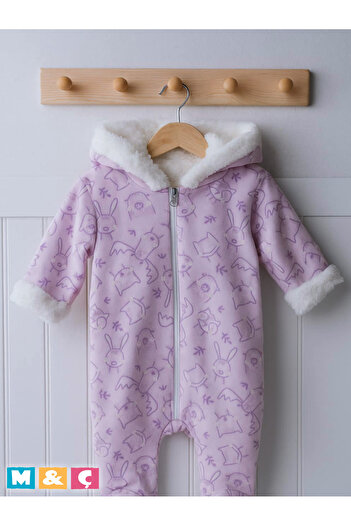 MÇ FAMİLY STORe Baby Thick Winter Zippered Hooded Plush Purple Jumpsuit Thi̇ck Fleece Jumpsuit