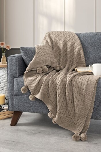 Sevim Knitwear Pompom Tv Blanket - Armchair and Shoulder Shawl - Knee Blanket - 130X170Cm - Beige