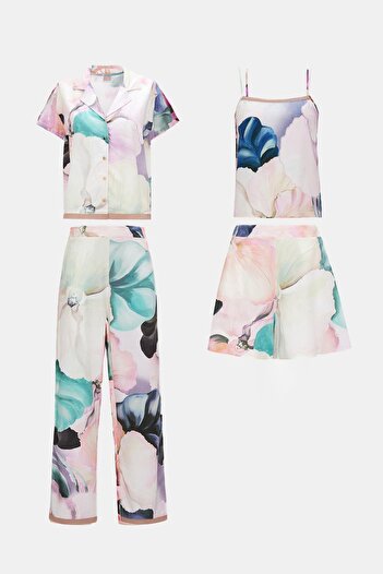 Amarelle Paradise Floral Pattern Woven Viscose Front Buttoned 4 Piece Pajama Suit Set