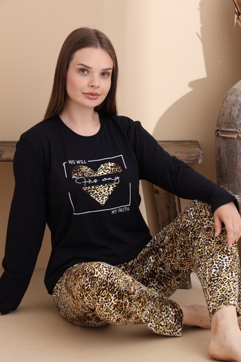 ELİTOL Set de pijamale pentru femei, tricotat din bumbac, cu model leopard negru