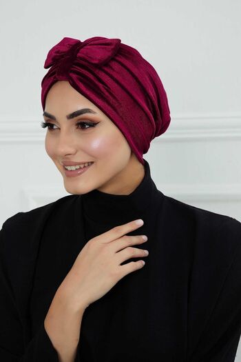 Aisha's Design Velvet Bonnet with Front Bow, Cherry Rot, B-7K, Cherry Rot