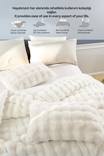 Evlen Home Collection Yatak Örtüsü Çift Kişilik Peluş Yumuşak Çift Taraflı Yorgan 3 Pcs Lory Kırık Beyaz Krem
