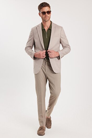 Tudors Men's Slim Fit Mono Collar Double Slit Casual Beige Single Jacket