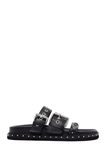 Derimod Women's Black Buckle Leather Slippers 25Sfd270018