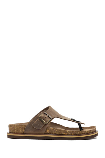 Derimod Men's Beige Flip Flops Nubuck Leather Slippers 25Sfd6254V3