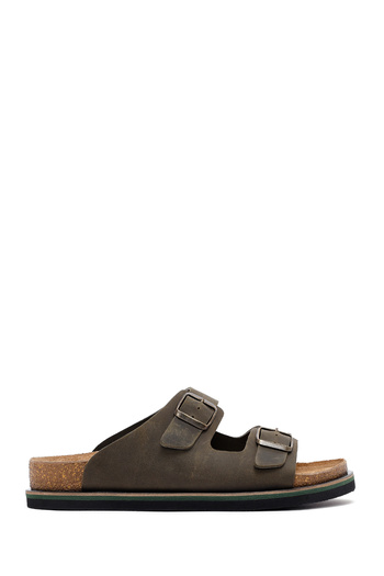 Derimod Men's Khaki Buckle Nubuck Leather Slippers 25Sfd6255V3