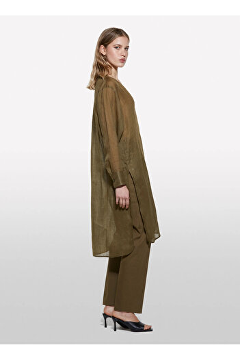 Sisley Loose Cut V-Neck Dark Khaki Women's Shirt 5Xjzlq096