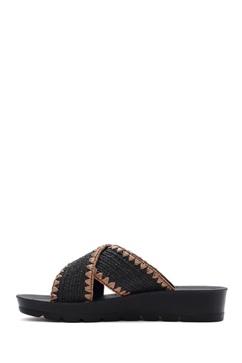 Derimod Women's Black Thick Soled Straw Slippers 25Sfe4639M7