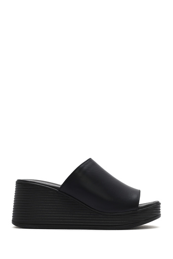 Derimod Women's Black Wedge Heeled Leather Slippers 25Sfd 181018