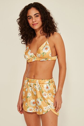 C&City 075 Kadın Saten Desenli Sütyen Şort Pijama Takımı K-16