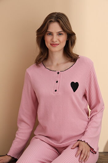 ELİTOL Pink Report Waffle Knitted Long Sleeve Women's Pajama Set