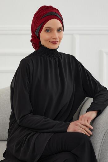 Aisha's Design Έτοιμο τουρμπάν με σιφόν ειδικής σχεδίασης με λαμπερές παγιέτες, HT-47P, μπορντό - μαύρο