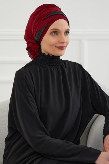 Aisha's Design Έτοιμο τουρμπάν με σιφόν ειδικής σχεδίασης με λαμπερές παγιέτες, HT-47P, μπορντό - μαύρο