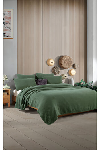 destinyhometex Forest Green Single Without Fringe 180 X 240 Pique/Bedspread/1 Piece 50X70 Pillow 4 Layers 100% Cotton