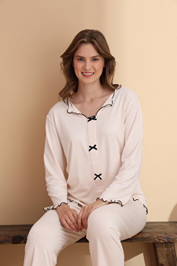 ELİTOL Ecru Milan Soft Knitted Lycra Long Sleeve Women's Pajama Set