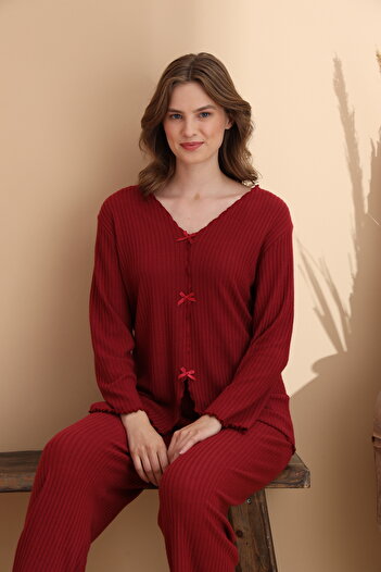 ELİTOL Burgundy Report Waffle Knitted Long Sleeve Women's Pajama Set
