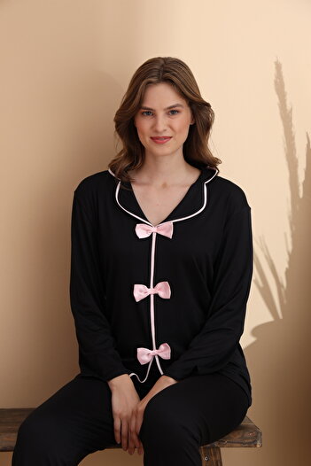 ELİTOL Black Milan Soft Knitted Lycra Long Sleeve Women's Bow Pajama Set