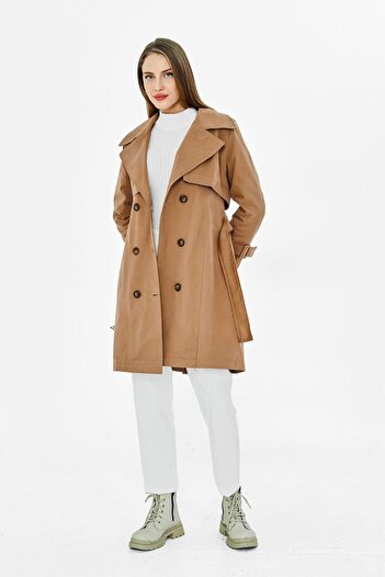 PASTELASTORE Koyu Bej %100 Pamuk Gabardin Midi (95CM) Astarlı Kemerli Kadın Trençkot 1113