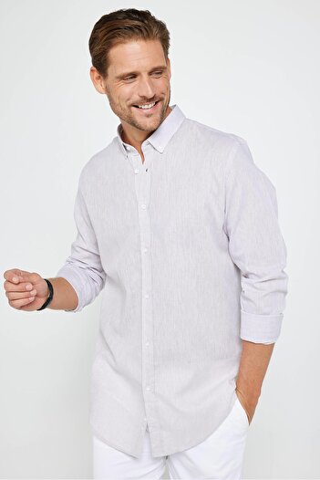Tudors Men's Linen Premium Slim Fit Sports Shirt - Long Sleeve, Button Collar, Sand Color