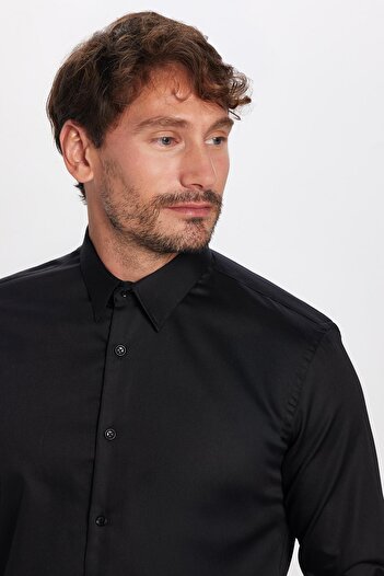 Tudors Cămașă neagră pentru bărbați, slim fit, din bumbac, ecologică, certificată Eco-Tex, fără călcat
