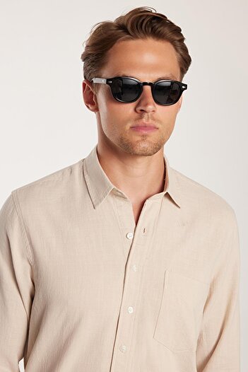 Tudors Men's Regular Fit Classic Cut 100% Cotton Linen Texture Single Pocket Beige Shirt