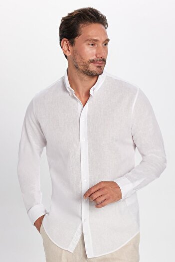 Tudors Men's Linen Premium Series - Slim Fit Long Sleeve White Sports Shirt