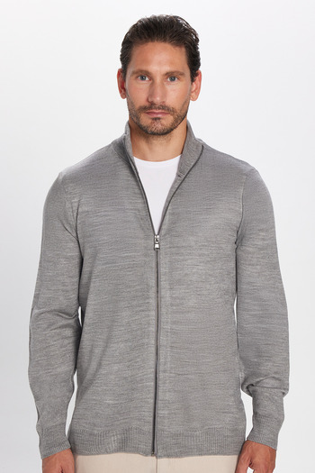 Tudors Erkek Slim Fit Dar Kesim Açık Gri Dik Yaka Fermuarlı Düz Hırka
