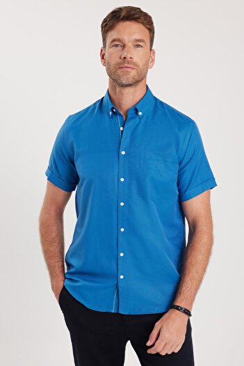 Tudors Men's Classic Regular Fit Relaxed Fit Buttoned Sport Collar Oxford Cotton Short Sleeve Saks Blue Shirt