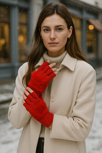 Luminos Butik Women's Furry Plush Red Wool Cutout Gloves Eld30