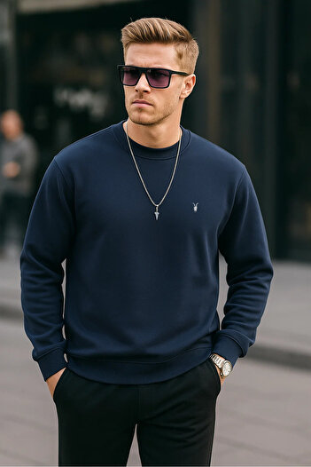 COMBİNE MİCHAİL Темно-синій колір Basic Crew Neck Relaxed Regular чоловічий світшот з розслабленою горловиною