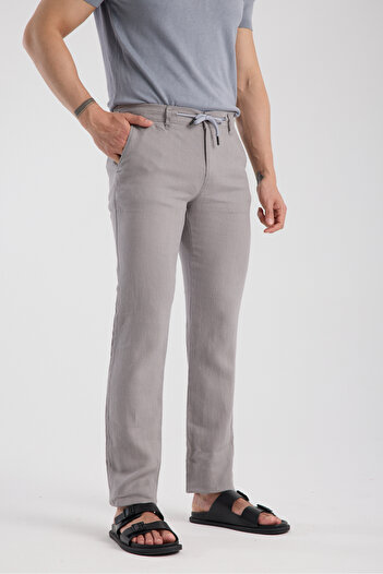 muzzo jeans Dark Gray 100% Linen Trousers with Elastic Waist
