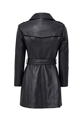 Derimod Matilda Women's Black Double Breasted Collar Leather Coat 24Wge52721M