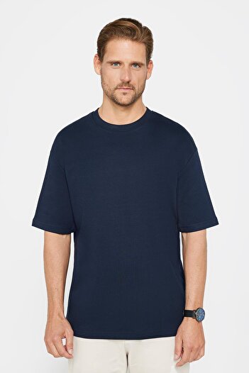 Tudors Μπλουζάκι Unisex Oversize Wide Cut 100% βαμβακερό μαλακό με υφή Basic Crew Neck Navy Blue T-shirt