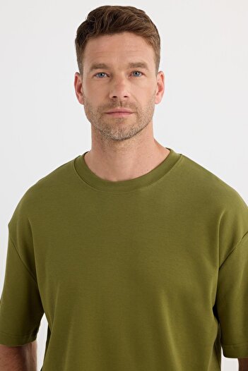 Tudors Unisex Oversize Wide Cut 100% Cotton Soft Texture Basic Crew Neck Khaki T-Shirt