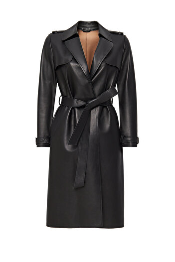 Derimod Los Angeles Women's Black Jacket Collar Leather Top Coat 24Wgd5224Du