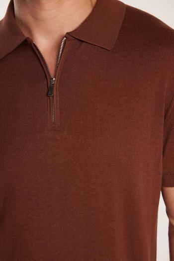 Tudors Men's Slim Fit Slim Fit Cotton Knitted Knitwear Zippered Brown Polo Neck T-Shirt