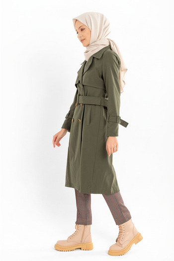 Zeneva Collection Haki - %100 Pamuk Uzun (110CM) Astarlı Kadın Tesettür Trençkot 1111-TES