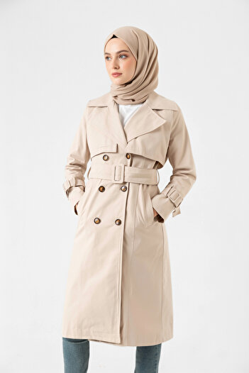 Zeneva Collection Taş Rengi - %100 Pamuk Uzun (110CM) Astarlı Kadın Tesettür Trençkot 1111-TES