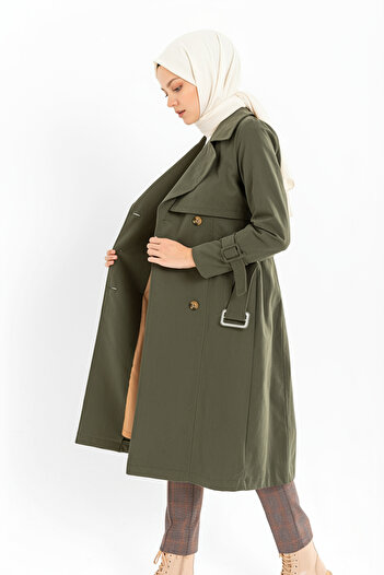 Zeneva Collection Haki - %100 Pamuk Uzun (110CM) Astarlı Kadın Tesettür Trençkot 1111-TES