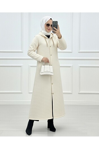Modamorfo Long Quilted Coat with Chain Detail on Collar -Stone