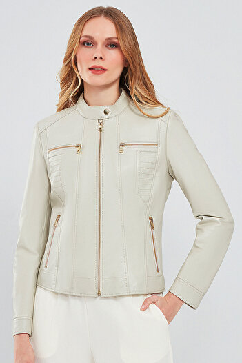 Derimod Marlyn Women's Beige Short Leather Jacket 23Wge51331M
