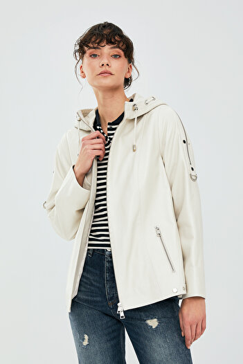 Derimod Judith Women's Cream Hooded Oversize Leather Jacket 22Wgd5045U4