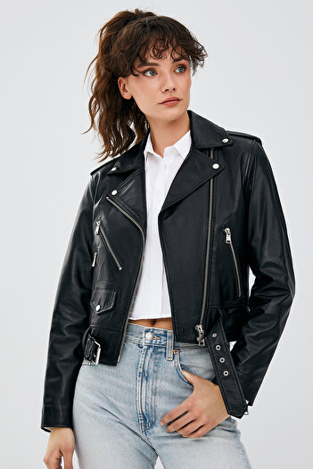 Derimod Newage Women Black Slim-Fit Biker Leather Jacket 22Wgd5983U5