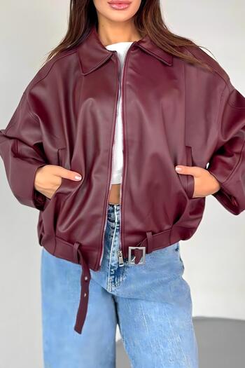 Jaglion Bomber Belted New Season Trend Leather Jacket