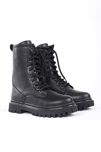 layki Santa Black Colored Zippered Women's Boots with Fur Inside