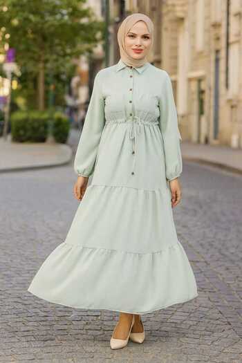 Neva Style - Buttoned Mint Hijab Dress 5720Mint