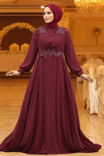 Neva Style Burgundy Hijab Evening Dress with Bead Detail 22113Br