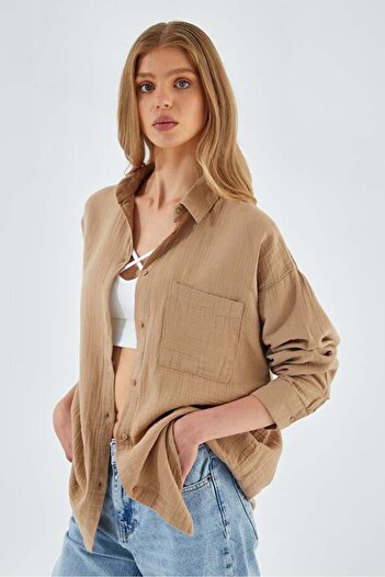 Mixray 3833 Women's Oversize Pocketed Muslin Shirt Mink