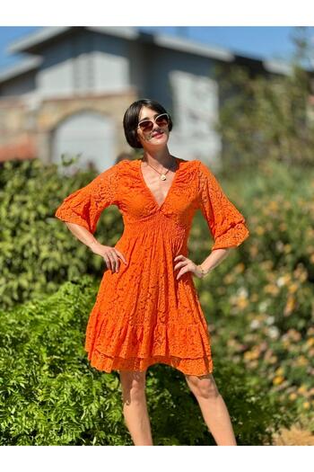 Punta Otantik Pt1355 Italian Lace Mini Dress Orange