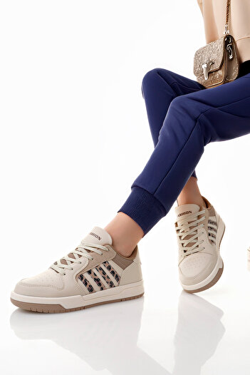 McDark Women's Beige Thermo Sole Striped Lace-Up Sports Shoes